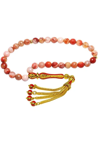 Sertifikalı Telkari Püsküllü Turuncu Doğal Akik Taşı Tesbih - Resim 5