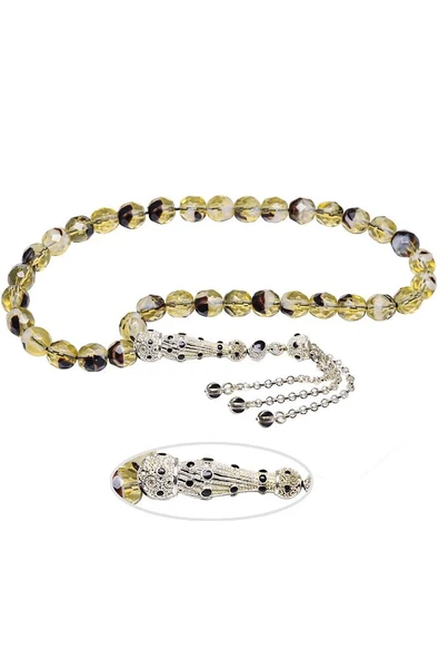 Sertifikalı Sarı Siyah Renkli Doğal Kuvars Taşı Tesbih - Resim 3