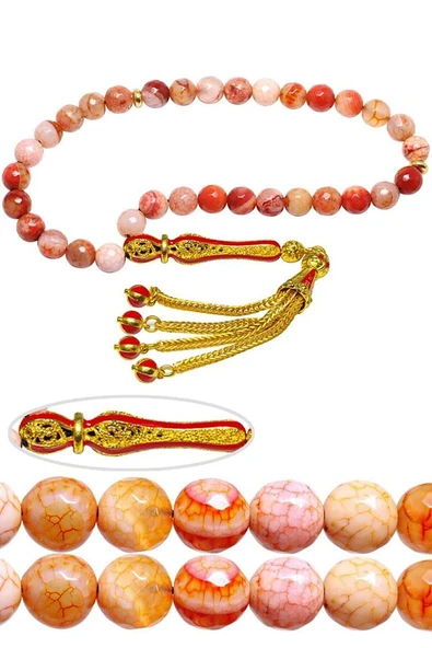 Sertifikalı Telkari Püsküllü Turuncu Doğal Akik Taşı Tesbih - Resim 3