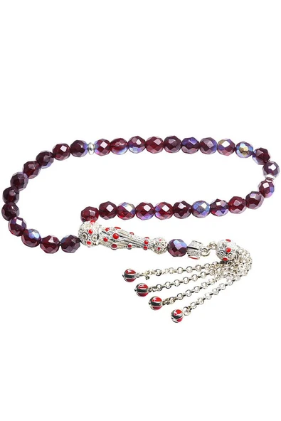 Sertifikalı Beyaz Mineli Telkari Püsküllü Bordo Kuvars Taşı Tesbih - Resim 6