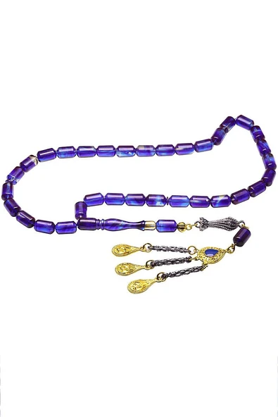 Parlement Mavi Renkli Altın Kaplama Püsküllü Ateş Kehribar Tesbih - Resim 4