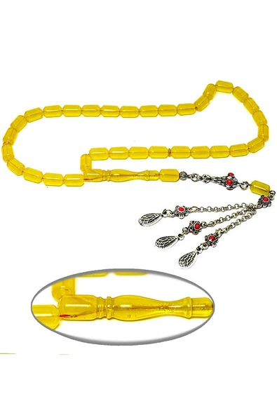 Sarı Renkli Kapsül Kesim Kırmızı Halep Püsküllü Zar Kehribar Tesbih - Resim 3