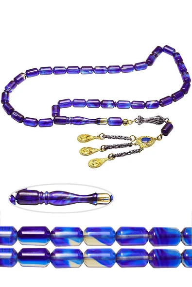 Parlement Mavi Renkli Altın Kaplama Püsküllü Ateş Kehribar Tesbih ürün görseli