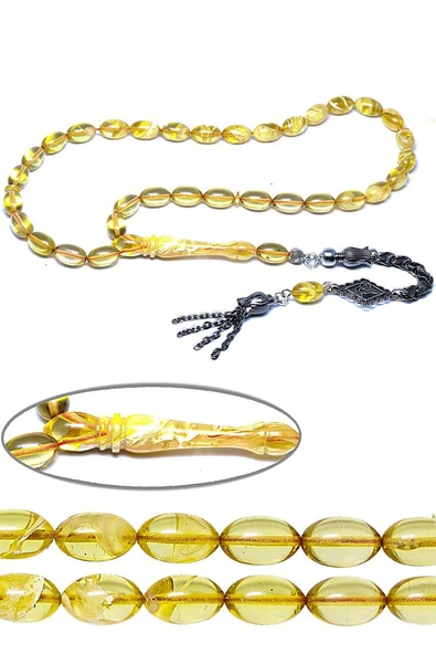 Sertifikalı Sarı Renkli Beyaz Hareli Sıkma Kehribar Tesbih ürün görseli