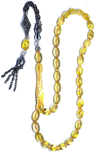 Sertifikalı Sarı Renkli Beyaz Hareli Sıkma Kehribar Tesbih - Resim 2