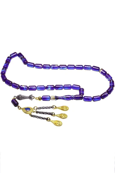 Parlement Mavi Renkli Altın Kaplama Püsküllü Ateş Kehribar Tesbih - Resim 5