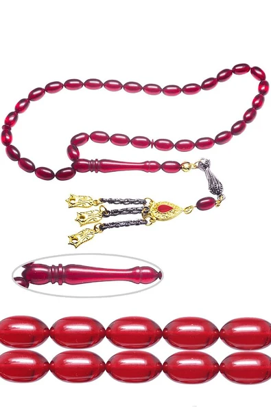 Kırmızı Renkli Beyzi Kesim Ateş Kehribar Tesbih - Resim 3