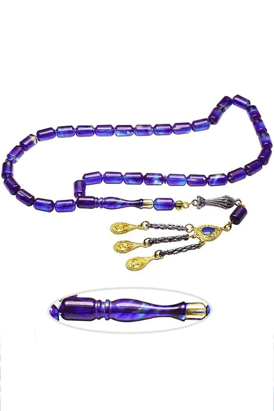 Parlement Mavi Renkli Altın Kaplama Püsküllü Ateş Kehribar Tesbih - Resim 3