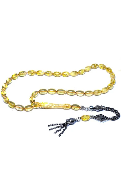 Sertifikalı Sarı Renkli Beyaz Hareli Sıkma Kehribar Tesbih - Resim 3