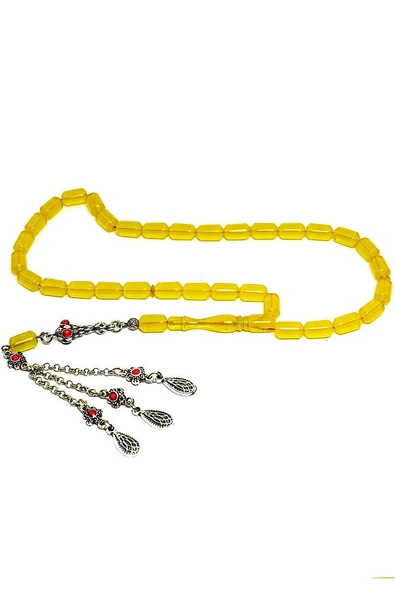 Sarı Renkli Kapsül Kesim Kırmızı Halep Püsküllü Zar Kehribar Tesbih - Resim 4