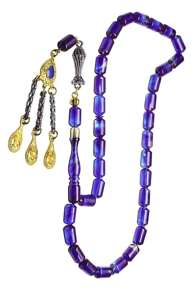 Parlement Mavi Renkli Altın Kaplama Püsküllü Ateş Kehribar Tesbih - Resim 2