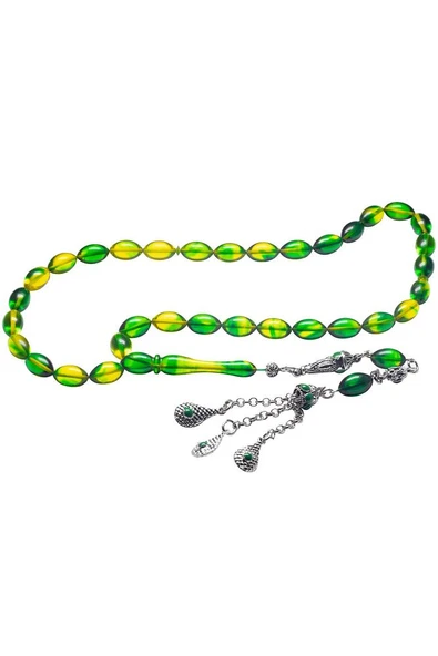 Yeşil Sarı Renkli Halep Püsküllü Ateş Kehribar Tesbih - Resim 4