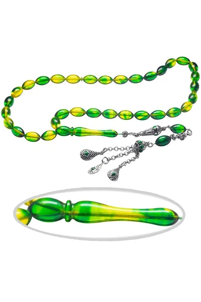 Yeşil Sarı Renkli Halep Püsküllü Ateş Kehribar Tesbih - Resim 3