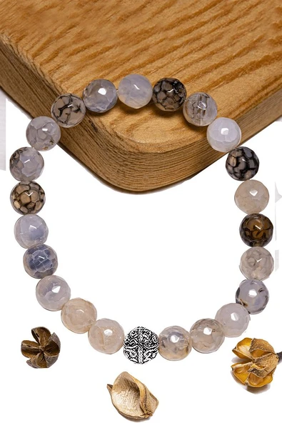 Sertifikalı Fasetli Aaa+ Siyah Beyaz Çizgili Akik Taşı Bileklik - Gümüş Aparatlı ürün görseli