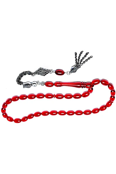 Kırmızı Renk Saçaklı Püsküllü Ateş Kehribar Tesbih - Resim 5