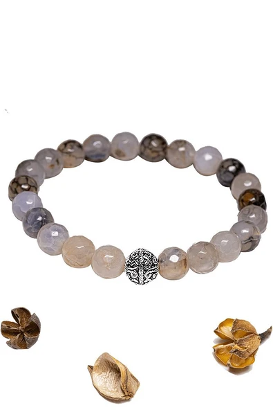 Sertifikalı Fasetli Aaa+ Siyah Beyaz Çizgili Akik Taşı Bileklik - Gümüş Aparatlı - Resim 2