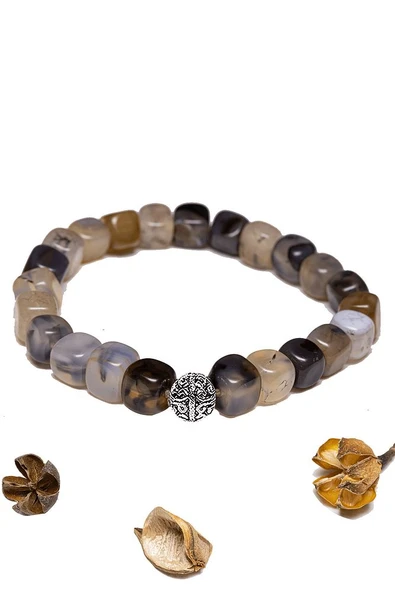 Sertifikalı Küp Kesim Siyah - Beyaz Akik Taşı Bileklik - Gümüş Aparatlı - Resim 2