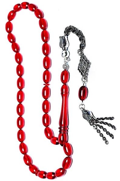 Kırmızı Renk Saçaklı Püsküllü Ateş Kehribar Tesbih - Resim 6