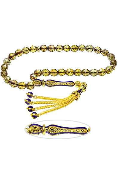 Sertifikalı Mavi Mineli Telkari Püskül Yeşil Doğal Kuvars Taşı Tesbih - Resim 2