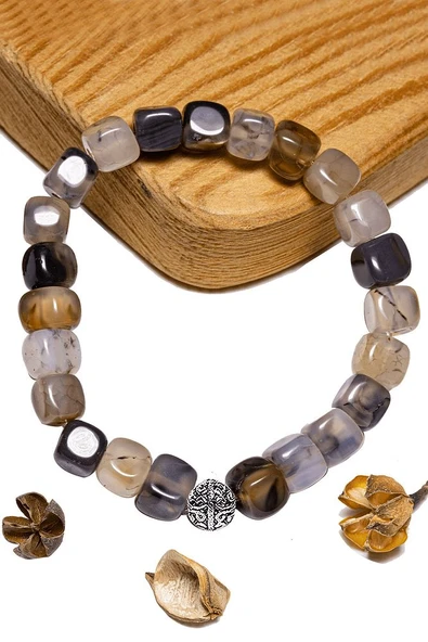 Sertifikalı Küp Kesim Siyah - Beyaz Akik Taşı Bileklik - Gümüş Aparatlı ürün görseli