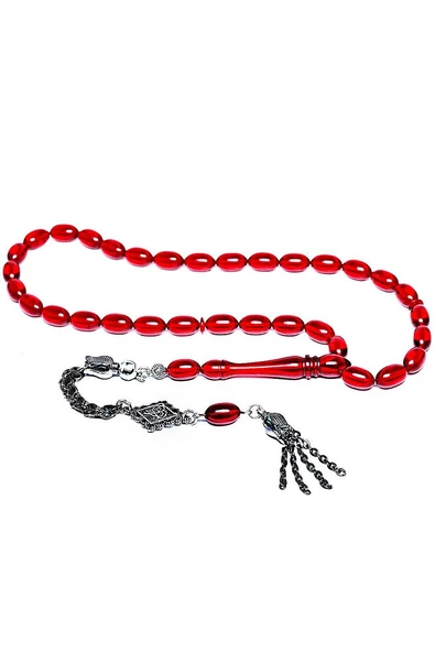 Kırmızı Renk Saçaklı Püsküllü Ateş Kehribar Tesbih - Resim 4