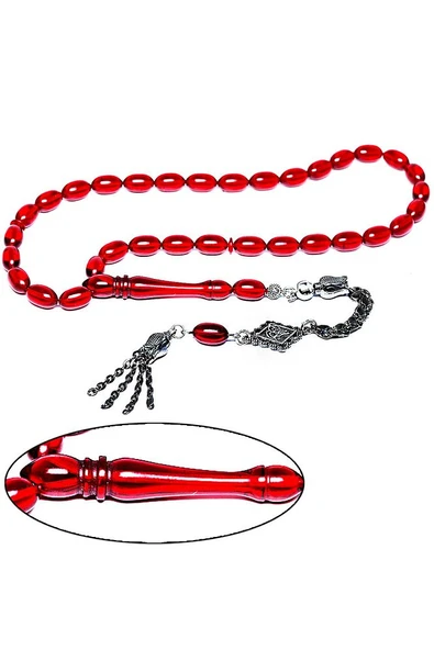 Kırmızı Renk Saçaklı Püsküllü Ateş Kehribar Tesbih - Resim 2