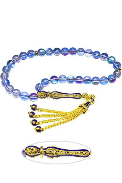 Sertifikalı Telkari Püskül Koyu Mavi Parlak Doğal Termal Kuvars Taşı Tesbih - Resim 2