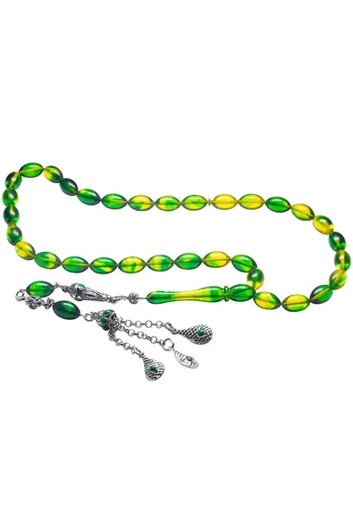 Yeşil Sarı Renkli Halep Püsküllü Ateş Kehribar Tesbih - Resim 5