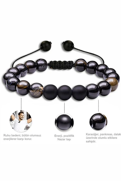 Sertifikalı Doğal Siyah Akik Oniks Taşı Doğal Taş Bileklik Seti - Resim 3