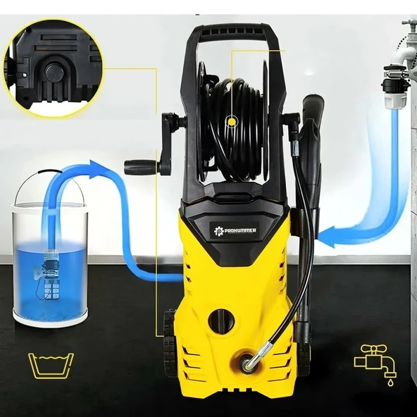 Elektrikli 150 Bar Musluk ve Kovadan Su Çekme Yüksek Basınçlı Bahçe, Oto Yıkama Makinesi (Sarı) PH271 - 4