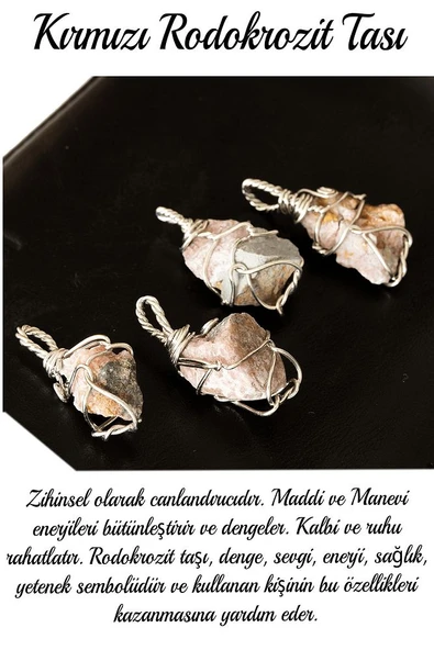 Sertifikalı Ham Işlenmemiş Tel Sargılı Rodokrozit Taşı Kolye - Resim 2