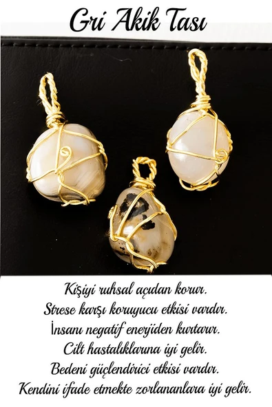 Sertifikalı Tel Sargılı Gri Akik Taşı Kolye - Altın Kaplama - Resim 2