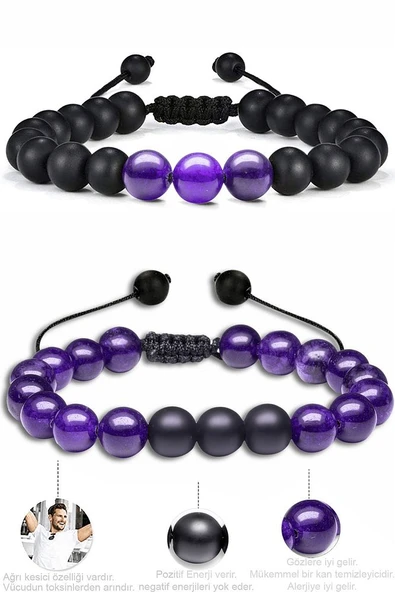 Sertifikalı Doğal Mor Akik Oniks Taşı Doğal Taş Bileklik Seti - Resim 2