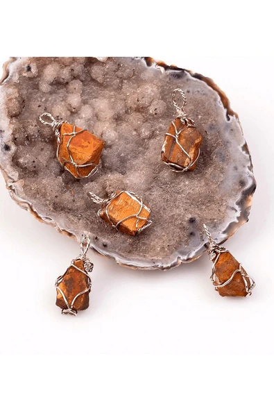 Sertifikalı Ham Işlenmemiş Tel Sargılı Kaplan Gözü Taşı Kolye - Resim 2