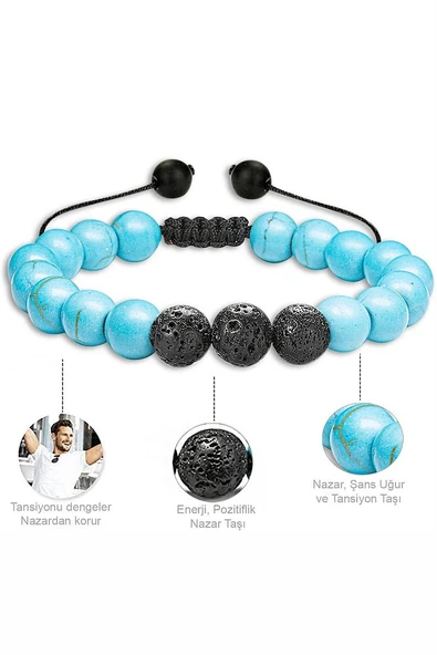 Sertifikalı Doğal Firuze Turkuaz Volkanik Lav Taşı Doğal Taş Bileklik Seti - Resim 3