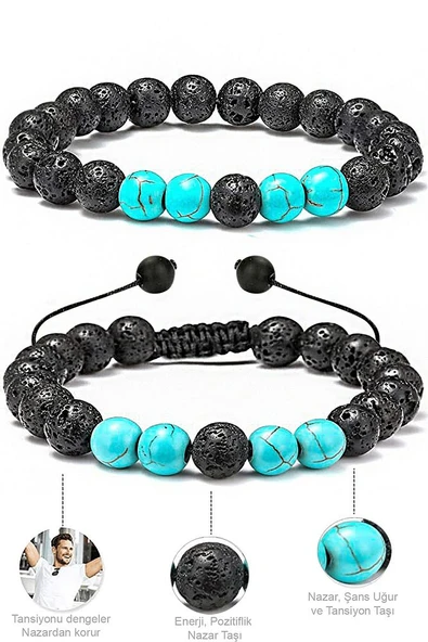 Sertifikalı Doğal Turkuaz Volkanik Lav Taşı Doğal Taş Bileklik Seti - Resim 6