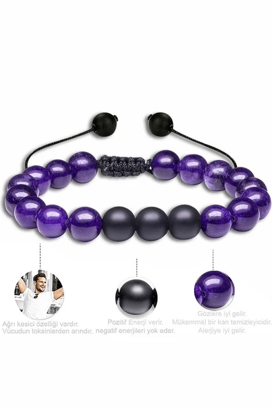 Sertifikalı Doğal Mor Akik Oniks Taşı Doğal Taş Bileklik Seti - Resim 3