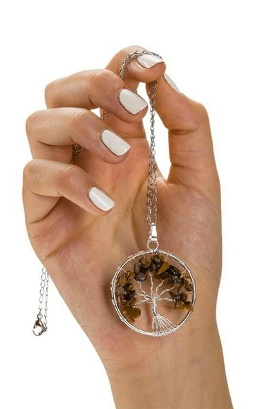 Sertifikalı Doğal Kaplan Gözü Taşı Hayat Ağacı Kolye - Resim 2