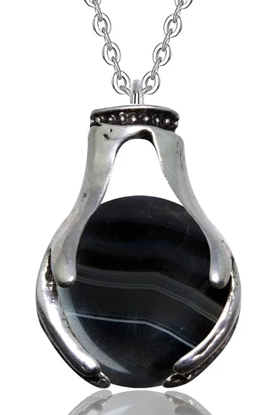 Sertifikalı El Sembolü Doğal Damarlı Siyah Akik Taşı Kolye ürün görseli