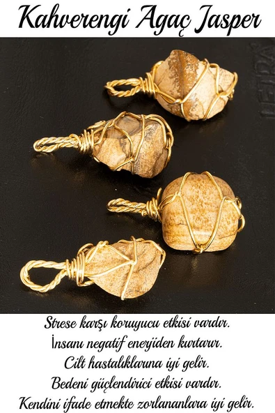 Sertifikalı Ham Tel Sargılı Kahverengi Ağaç Jasper Taşı Kolye - Altın Kaplama - Resim 2