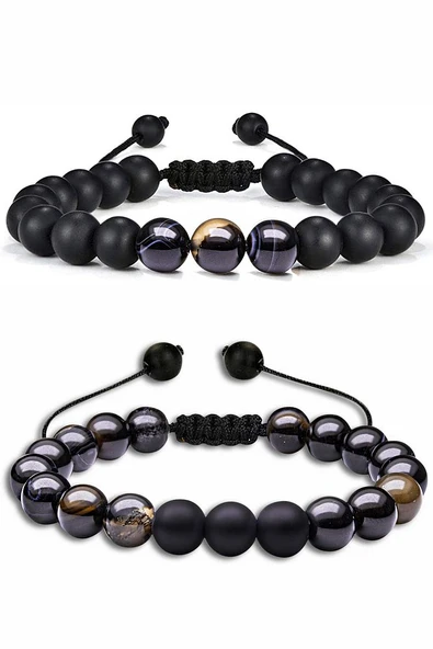 Sertifikalı Doğal Siyah Akik Oniks Taşı Doğal Taş Bileklik Seti ürün görseli