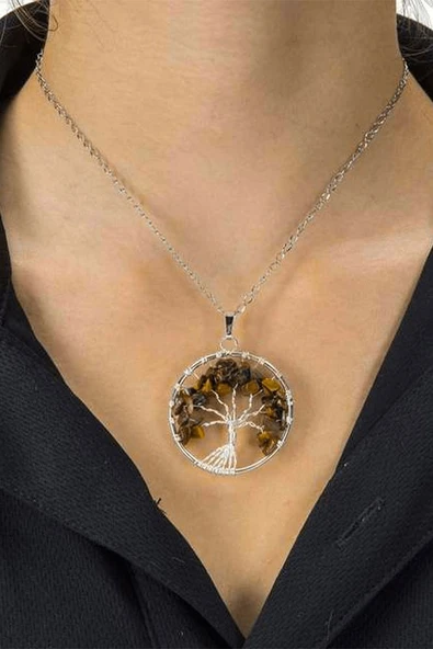 Sertifikalı Doğal Kaplan Gözü Taşı Hayat Ağacı Kolye - Resim 7