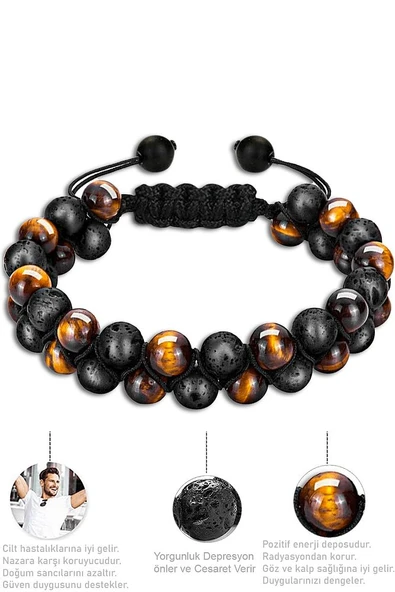 Sertifikalı Yüksek Kalite Doğal Kaplan Gözü Lav Taşı Doğal Taş Bileklik - Resim 2