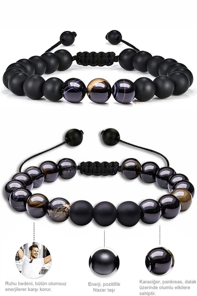 Sertifikalı Doğal Siyah Akik Oniks Taşı Doğal Taş Bileklik Seti - Resim 2