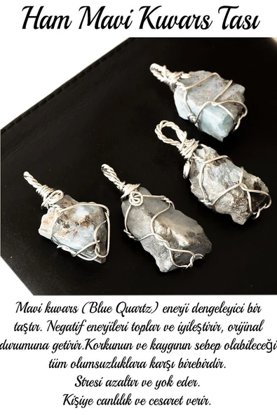 Sertifikalı Ham Işlenmemiş Tel Sargılı Mavi Kuvars Taşı Kolye - Resim 2