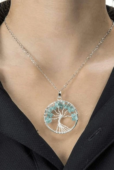 Sertifikalı Doğal Akuamarin Taşı Hayat Ağacı Kolye - Resim 2