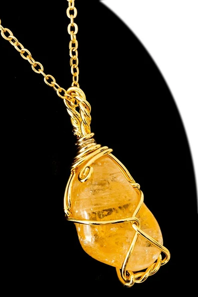 Sertifikalı Tamburlanmış Tel Sargılı Sitrin Taşı Kolye - Altın Kaplama ürün görseli