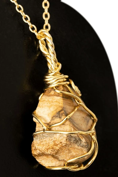 Sertifikalı Ham Tel Sargılı Kahverengi Ağaç Jasper Taşı Kolye - Altın Kaplama ürün görseli