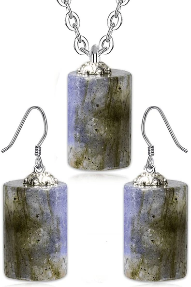 Sertifikalı Doğal Labradorit Taşı Doğal Taş Kolye Küpe Seti