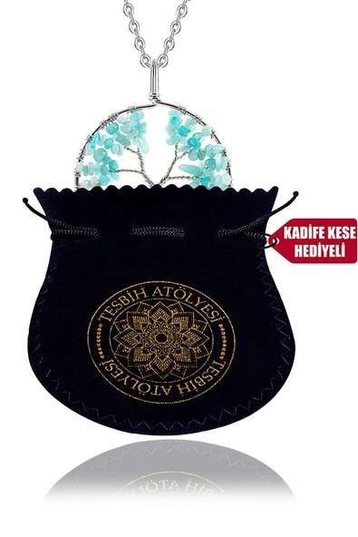 Sertifikalı Doğal Akuamarin Taşı Hayat Ağacı Kolye - Resim 7